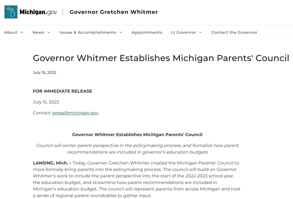Governor Whitmer Establishes Michigan Parents' Council 